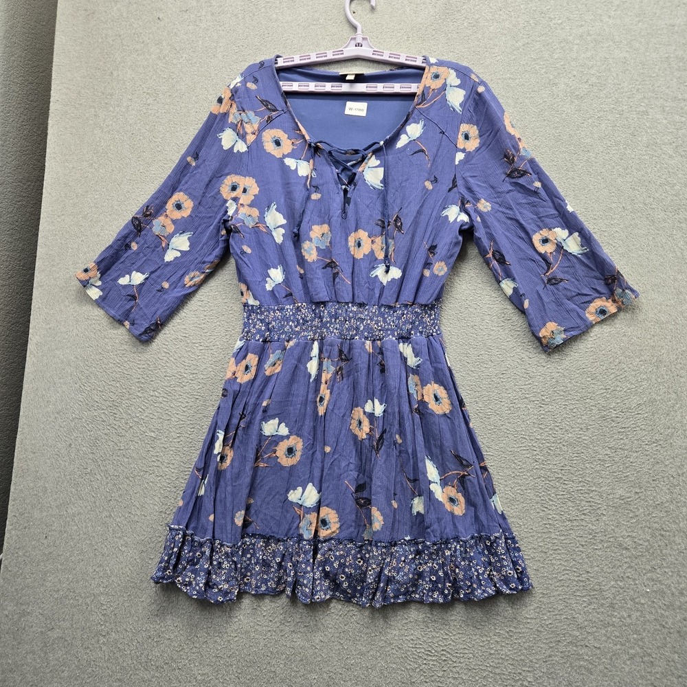 Shyanne Women Dress L Blue Floral Mini A Line Smocked Lace Up 3/4 Sleeve Country